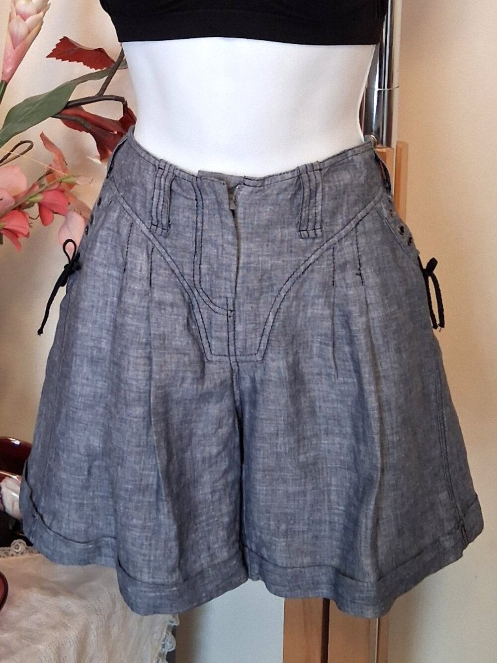 Gray High-Waist Linen-Blend Shorts